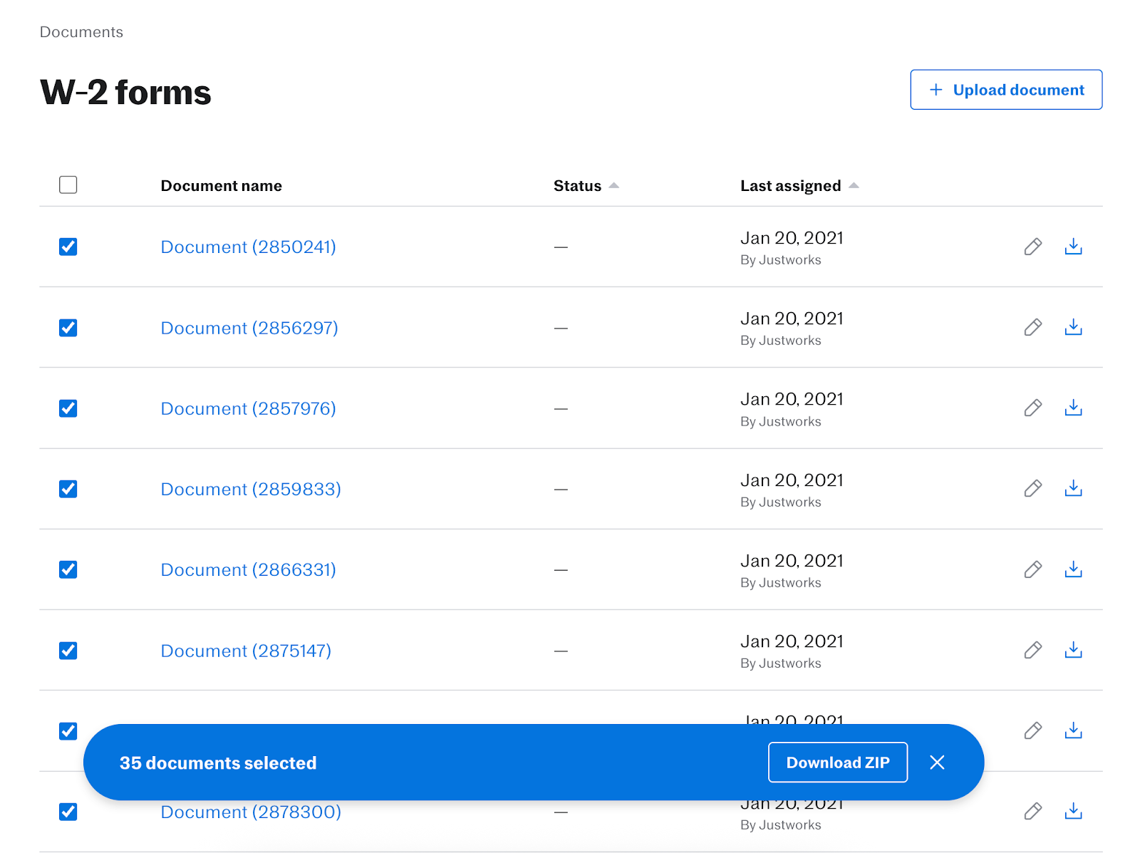 Screenshot depicting bar that appears when selecting check boxes prompting to download ZIP 