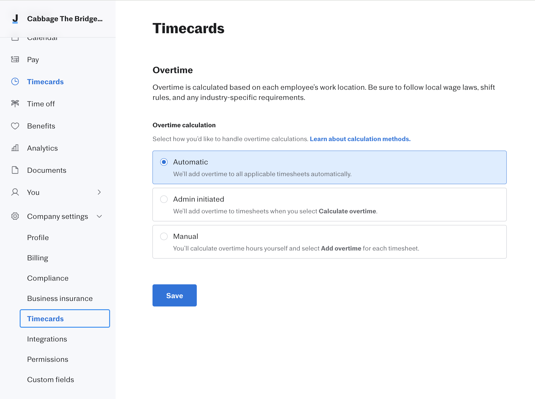 Screenshot of a Justworks Payroll company’s Timecards settings found under the Company Settings