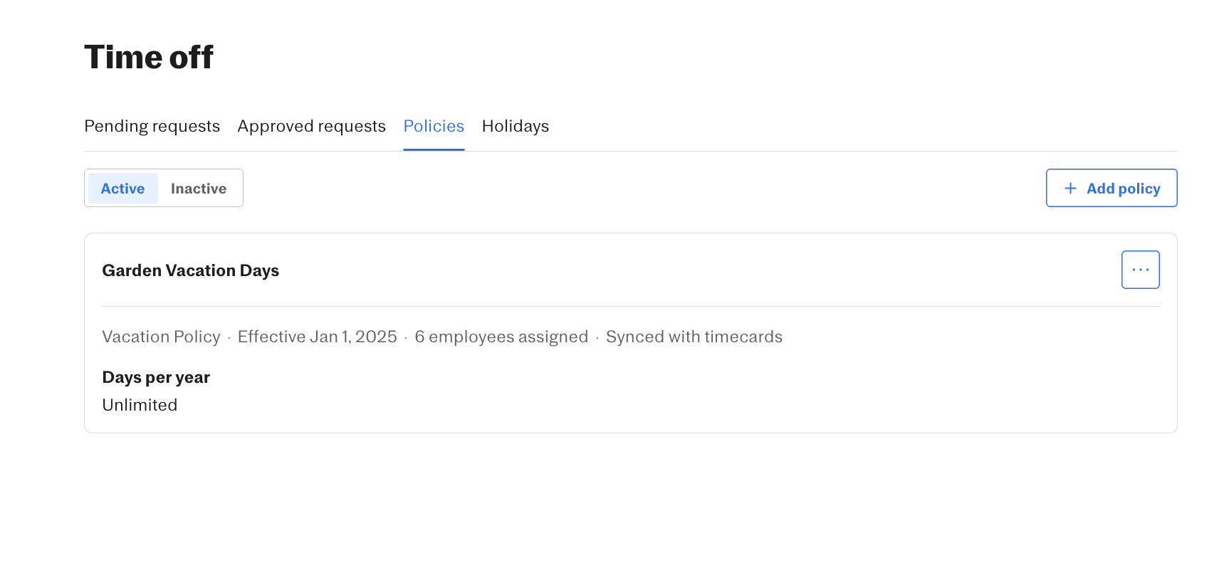 Screenshot showing the + Add policy button on the Policies page. 
