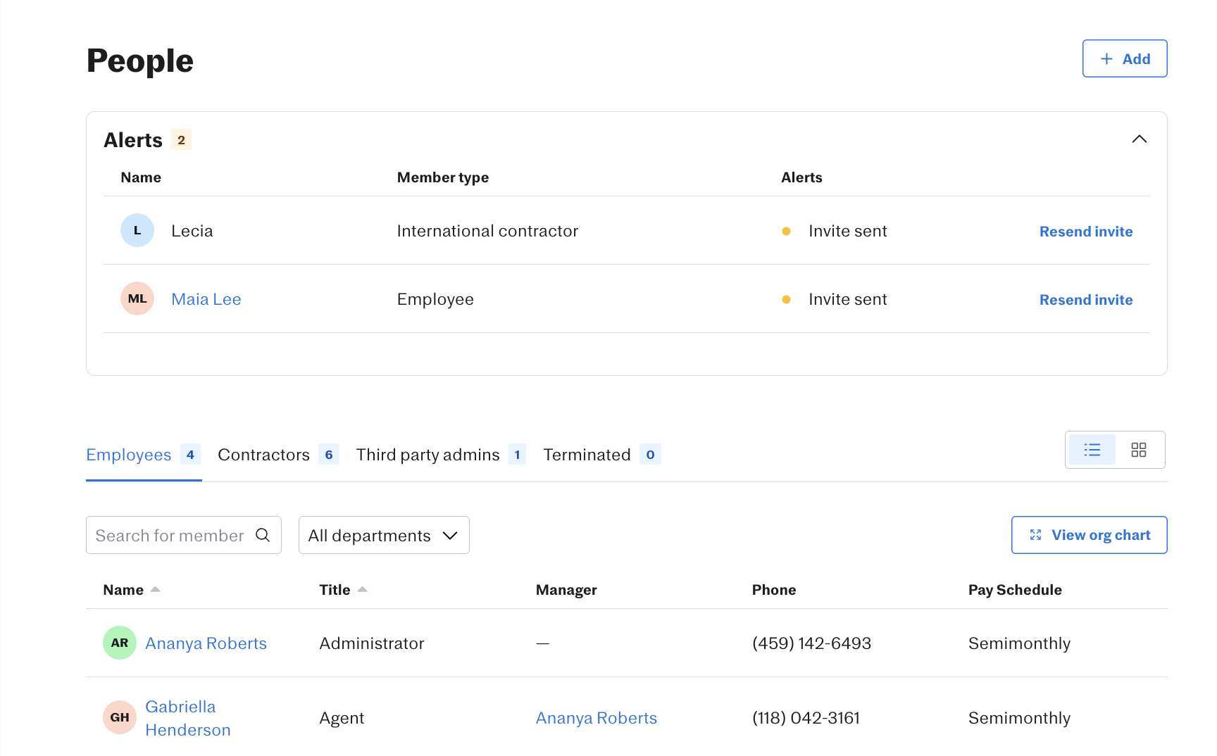 Screenshot of the 'Alerts' section in the Employees tab of an admin's account.