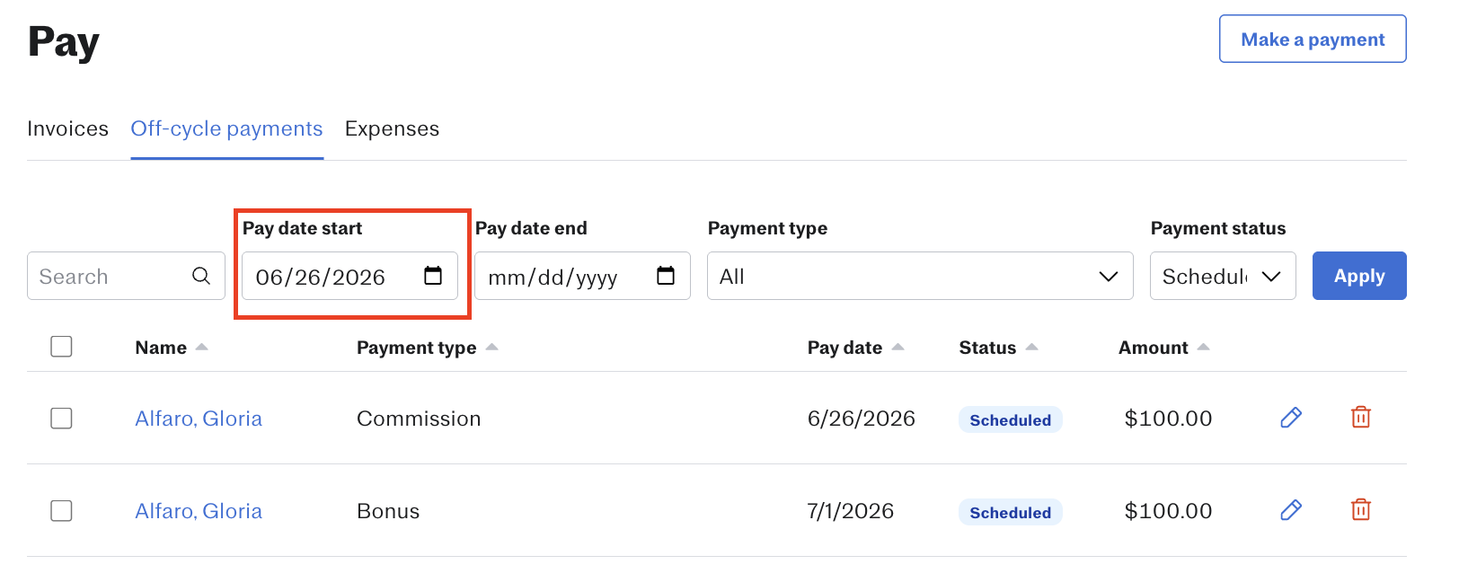 Pay screen showing the Off-cycle payments tab.