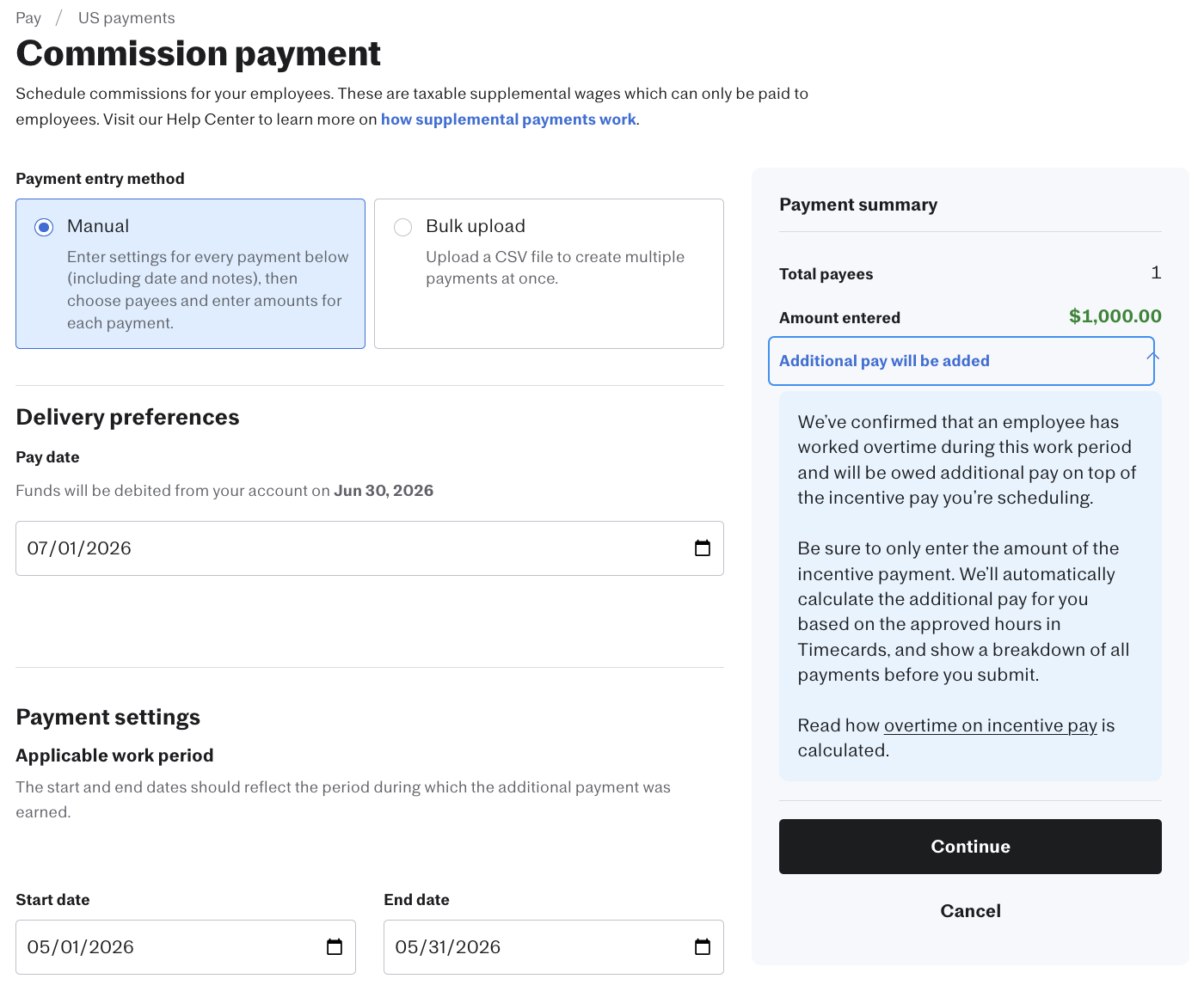 Commission payment screen in the Pay space.