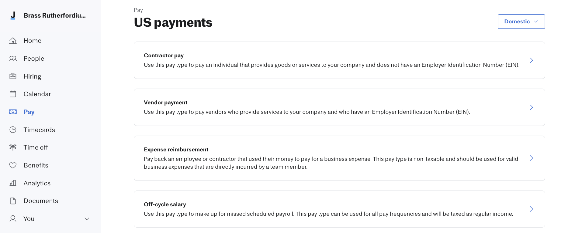 The US Payments page under Pay, listing four payment type options: Contractor pay, Vendor payment, Expense reimbursement, and Off-cycle salary, each with a brief description.