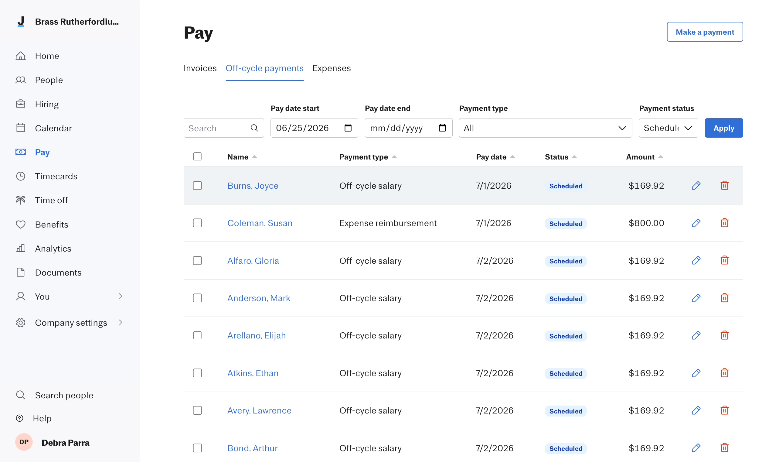 The Pay page in Justworks with the 'Off-cycle payments' tab selected, showing a list of scheduled payments with columns for Name, Payment type, Pay date, Status, and Amount. Multiple employees have off-cycle salary payments with a Scheduled status, with edit (pencil) and delete (trash) icons on each row.