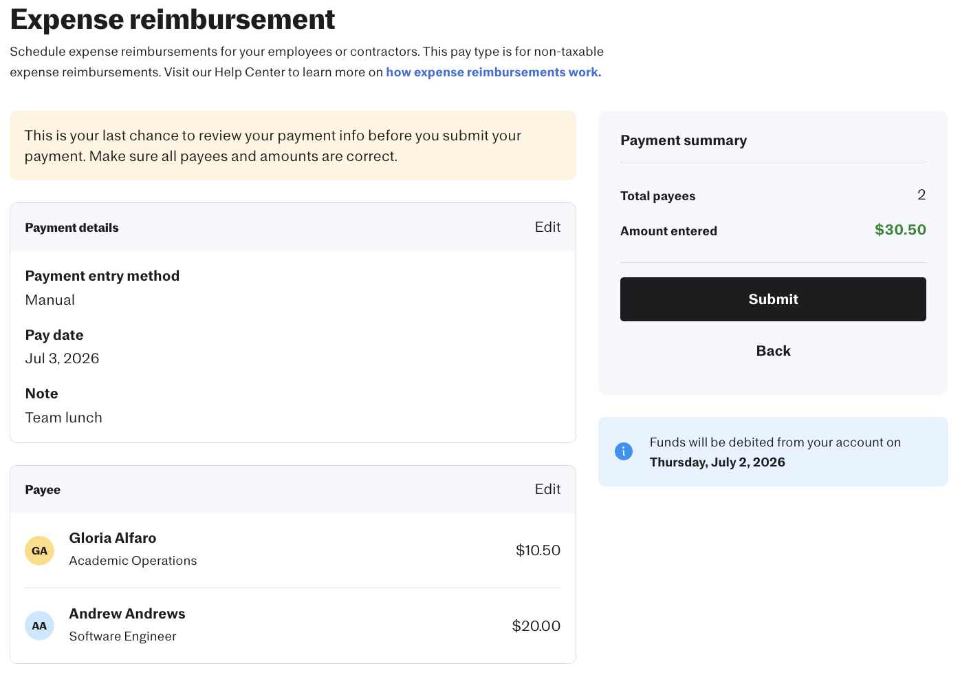 The Expense reimbursement review page showing payment details (Manual entry method, pay date Jul 3 2026, note 'Team lunch'), a payee list with two individuals and a Payment summary panel with a Submit button and a debit date of Thursday, July 2, 2026.
