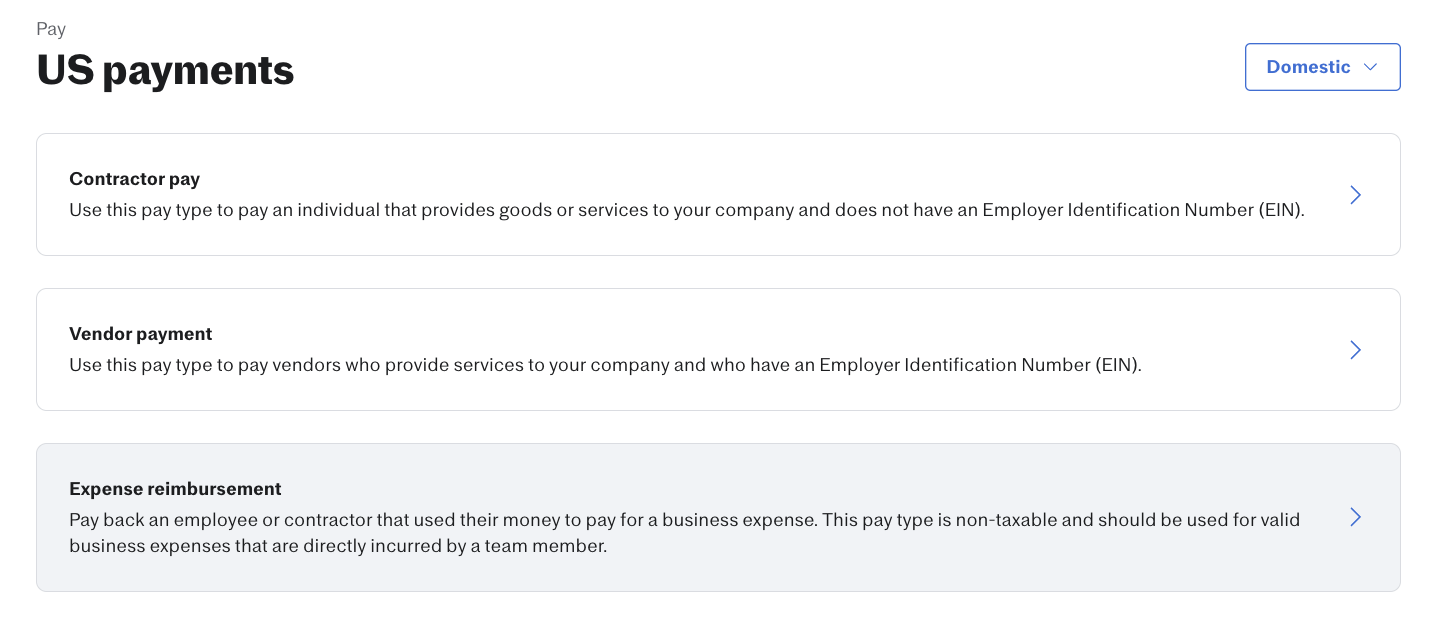 The Pay > US payments page in Justworks showing three payment type options: Contractor pay, Vendor payment, and Expense reimbursement. The Expense reimbursement option is highlighted at the bottom.