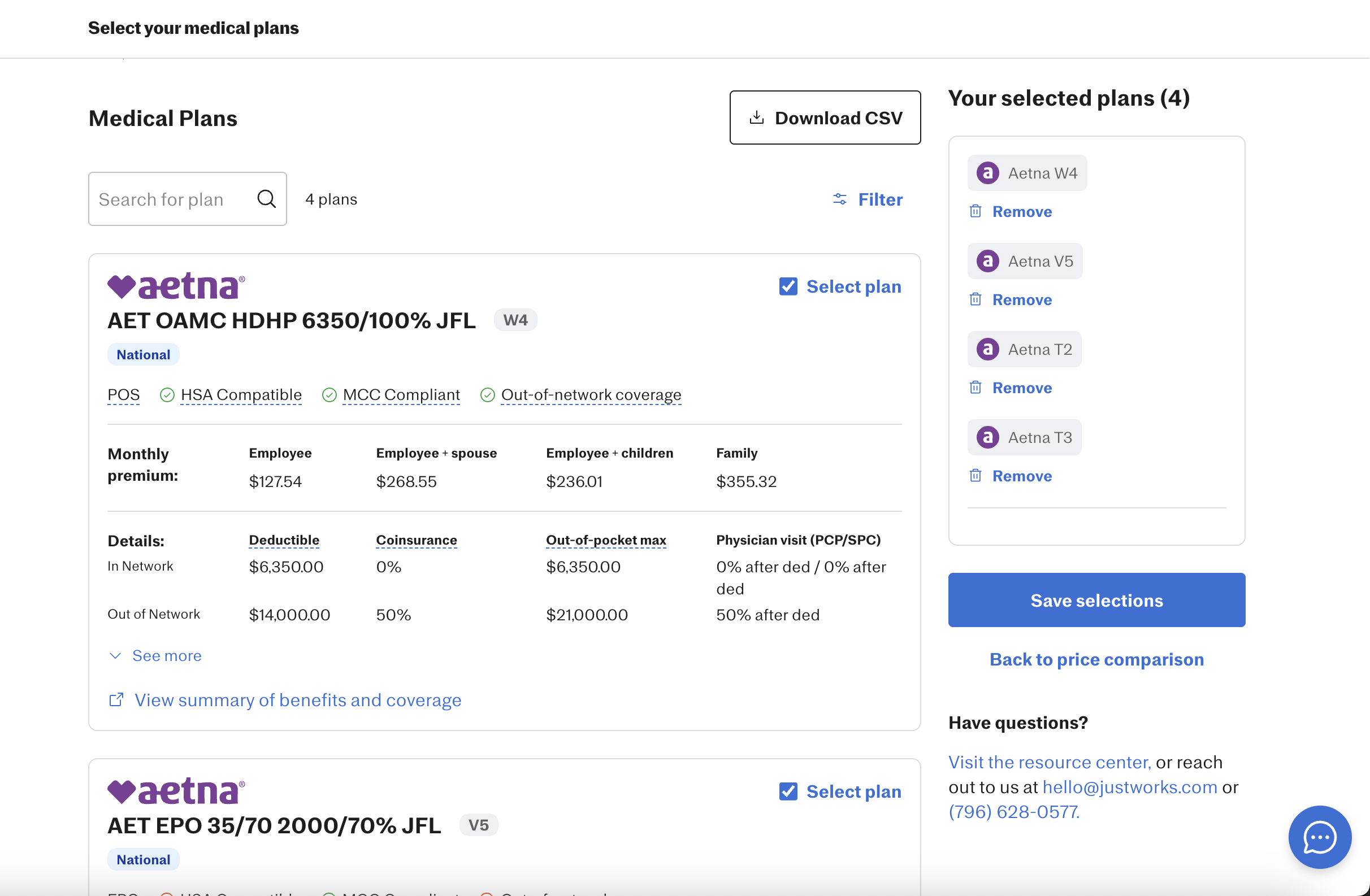 Justworks 'Select your medical plans' page showing a list of Aetna medical plans with monthly premium details, deductible, coinsurance, and out-of-pocket max. A sidebar on the right shows 4 currently selected plans (Aetna W4, V5, T2, T3) each with a 'Remove' option and a blue 'Save selections' button.