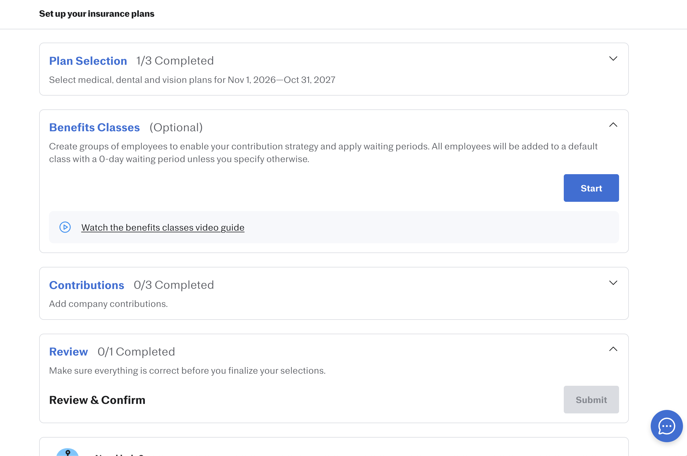 Justworks 'Set up your insurance plans' page showing a checklist with four sections: Plan Selection (1/3 Completed), Benefits Classes (Optional, expanded with a 'Start' button), Contributions (0/3 Completed), and Review (0/1 Completed, with a grayed-out 'Review & Confirm' Submit button).