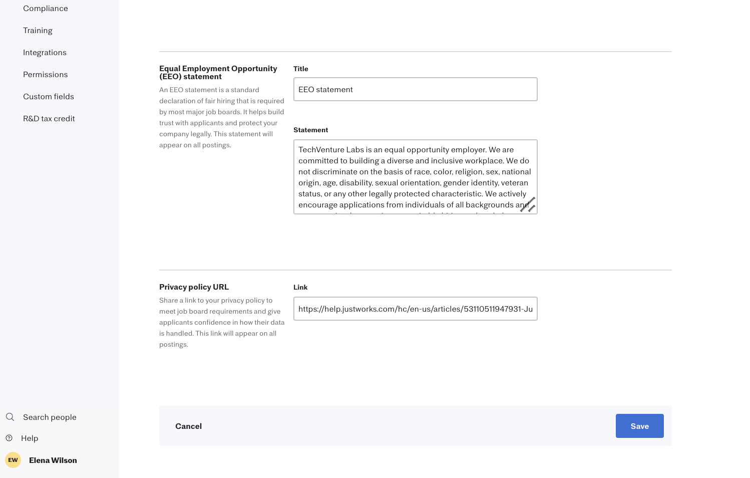 The Hiring Settings page where you can configure your public careers page, including your company logo, a 'Why work here' description, EEO statement, and privacy policy URL.